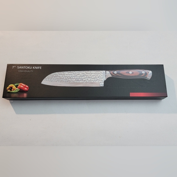 7″ Santoku Chef Knife with Red Pakka Wood Handle Damascus Steel - Picture 4 of 6